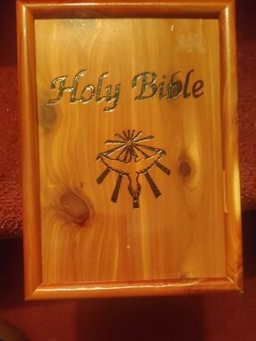 Wooden Holy Bible Wall Plaque with Dove Motif - Light Honey Wood